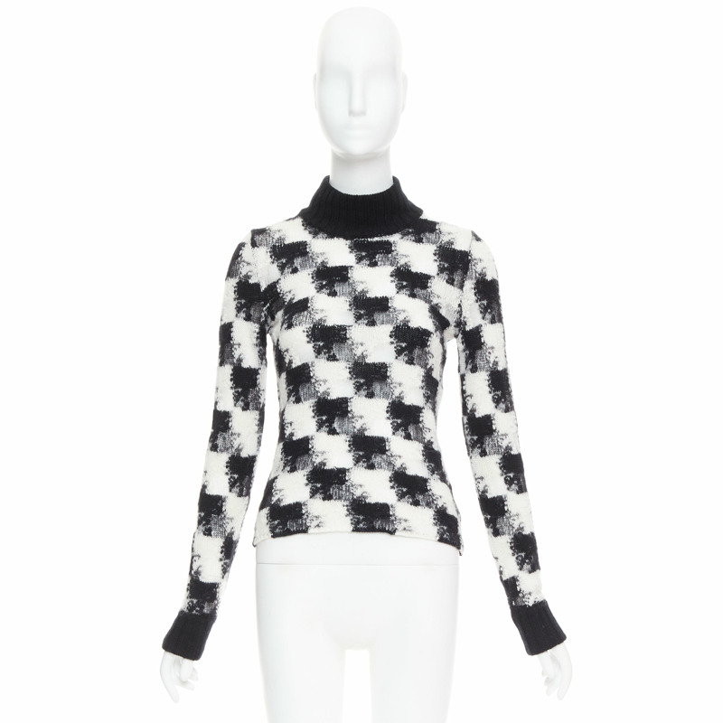DIOR ChecknDior black white cashmere check sheer turtleneck sweater FR34 XS-9