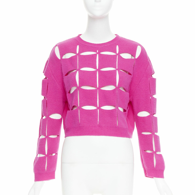 VALENTINO 2022 Pier Paolo Piccioli pink virgin wool cut out crop sweater S-0