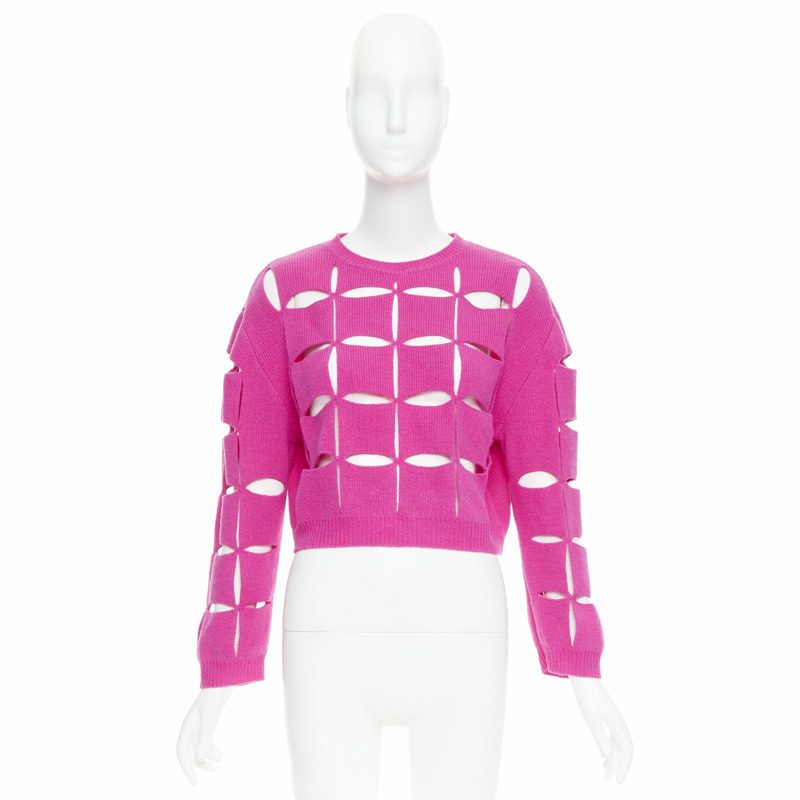 VALENTINO 2022 Pier Paolo Piccioli pink virgin wool cut out crop sweater S-8