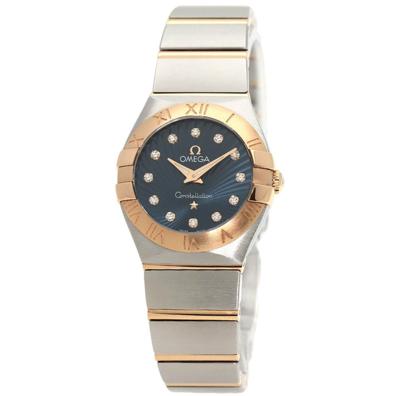 歐米茄 123.20.24.60.53.001 星座系列 藍色 Guilloche 12P 鑽石手錶 精鋼 SSxK18PG K18PG 女士腕錶-0