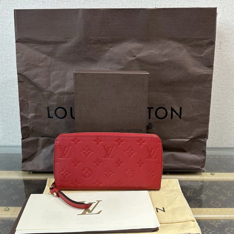 LV 紅色全皮壓花二合一錢包 19.5*10*2 99新配件盒子塵袋購證-0