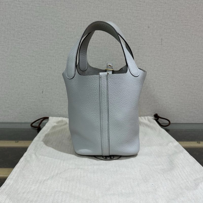 HERMES 聖杯藍金扣菜籃子18手提袋 18*18*13 99新配件盒子塵袋鑰匙鎖-5