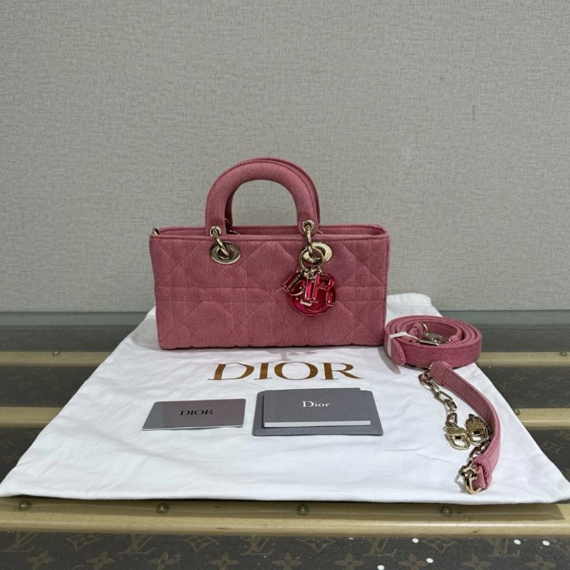 DIOR D-Joy 中號粉色牛仔丹寧黛妃手提斜背包 26*13.5*5 98新配件塵袋保卡-0