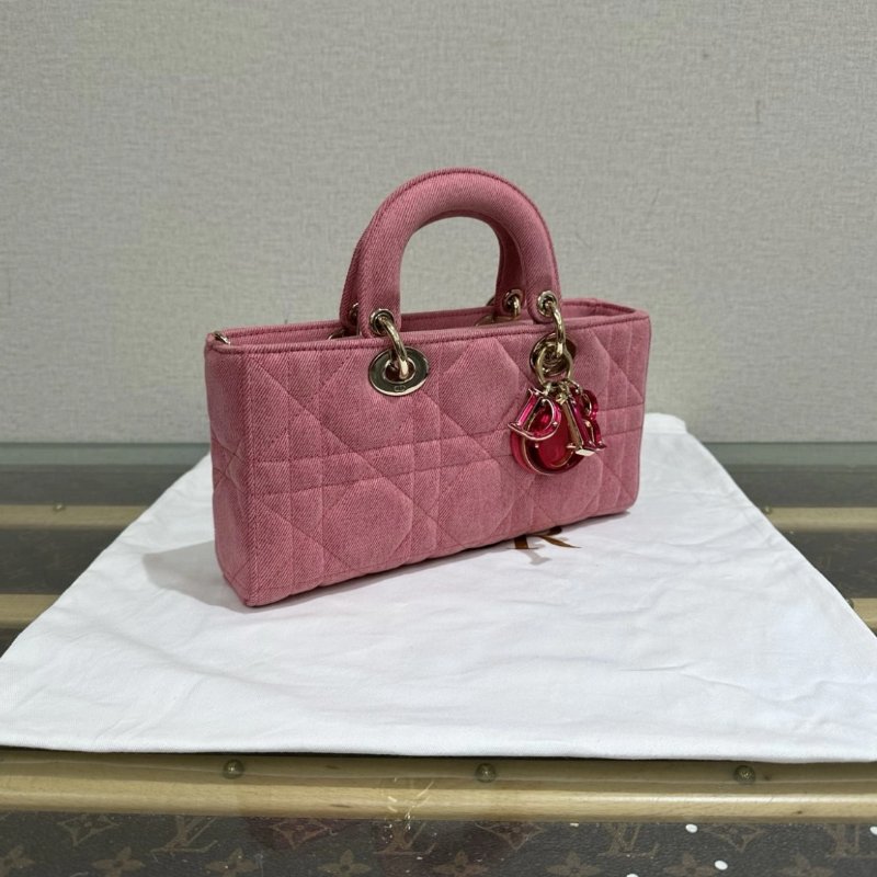 DIOR D-Joy 中號粉色牛仔丹寧黛妃手提斜背包 26*13.5*5 98新配件塵袋保卡-1