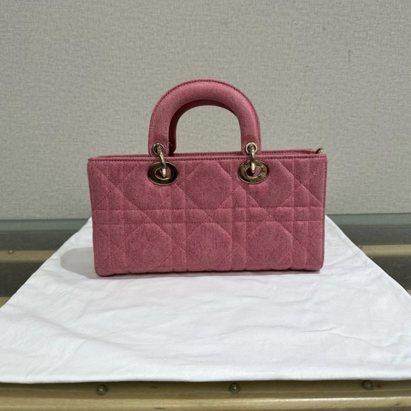 DIOR D-Joy 中號粉色牛仔丹寧黛妃手提斜背包 26*13.5*5 98新配件塵袋保卡-5