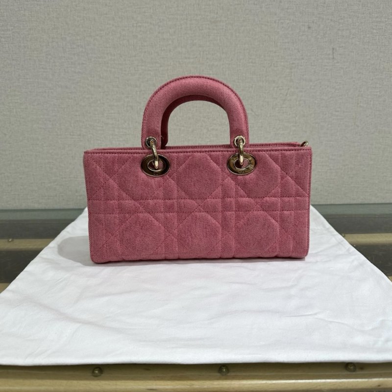 DIOR D-Joy 中號粉色牛仔丹寧黛妃手提斜背包 26*13.5*5 98新配件塵袋保卡-5