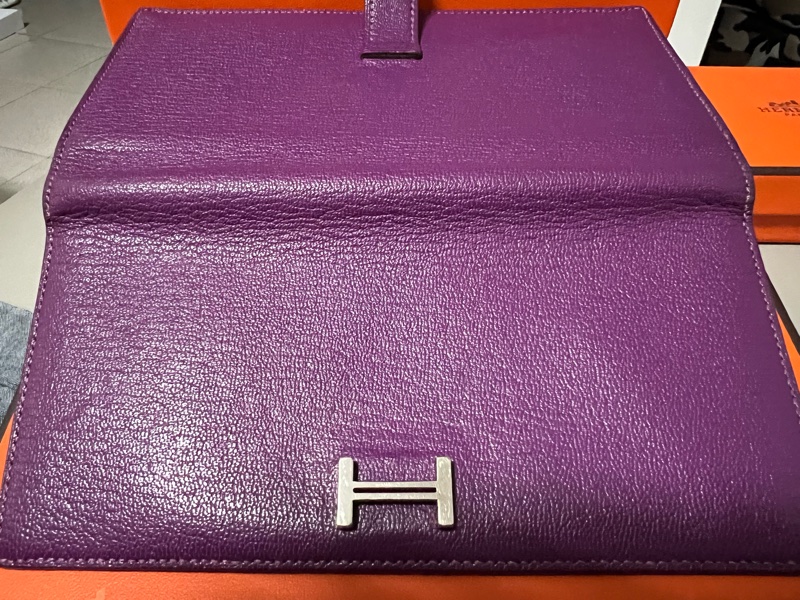 二手 Hermes 愛馬士 H銀扣長夾 Bearn Soufflet  山羊皮／海葵紫色-14