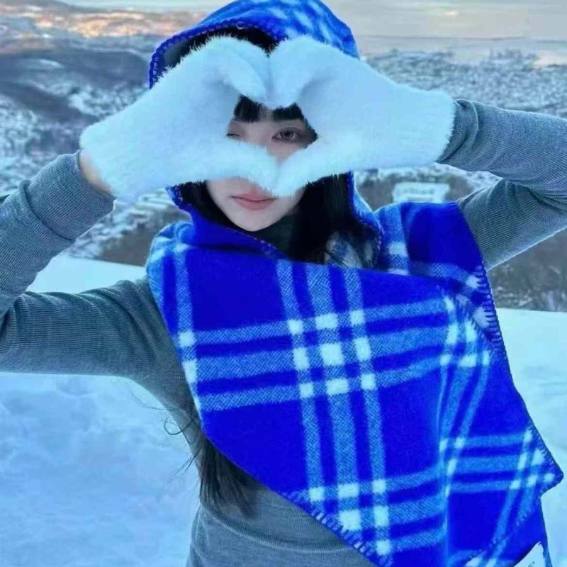 Burberry 藍色格 連帽圍巾 全新-1