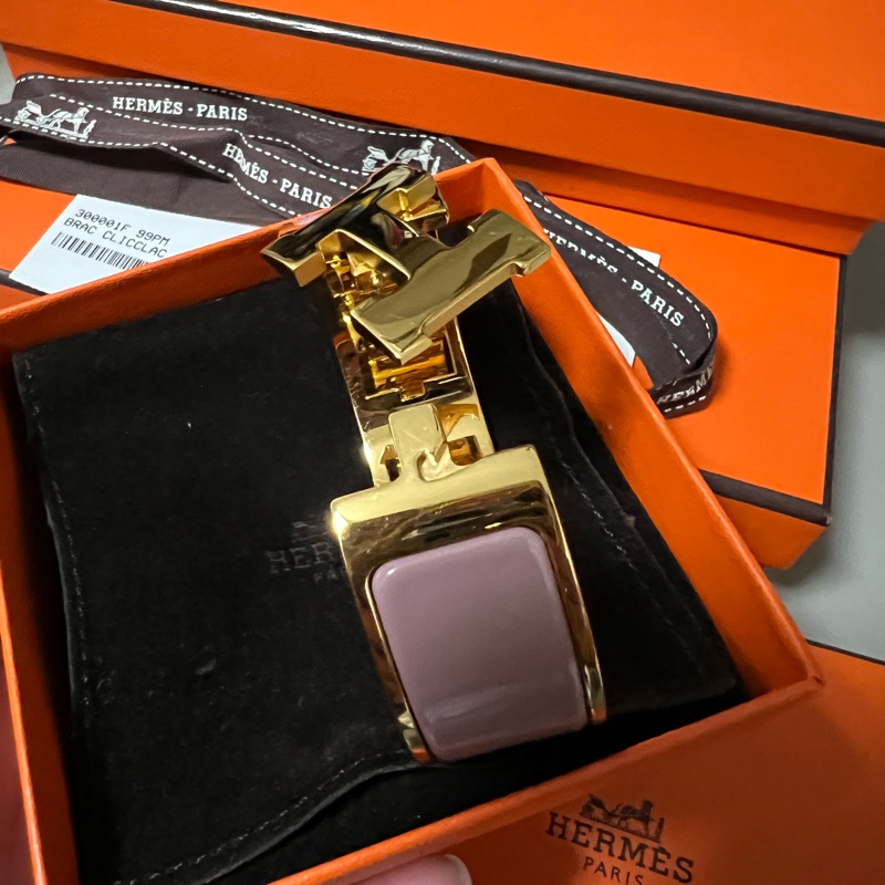 Hermes Clic H Logo 琺瑯寛版手環/PM 玫瑰色-3