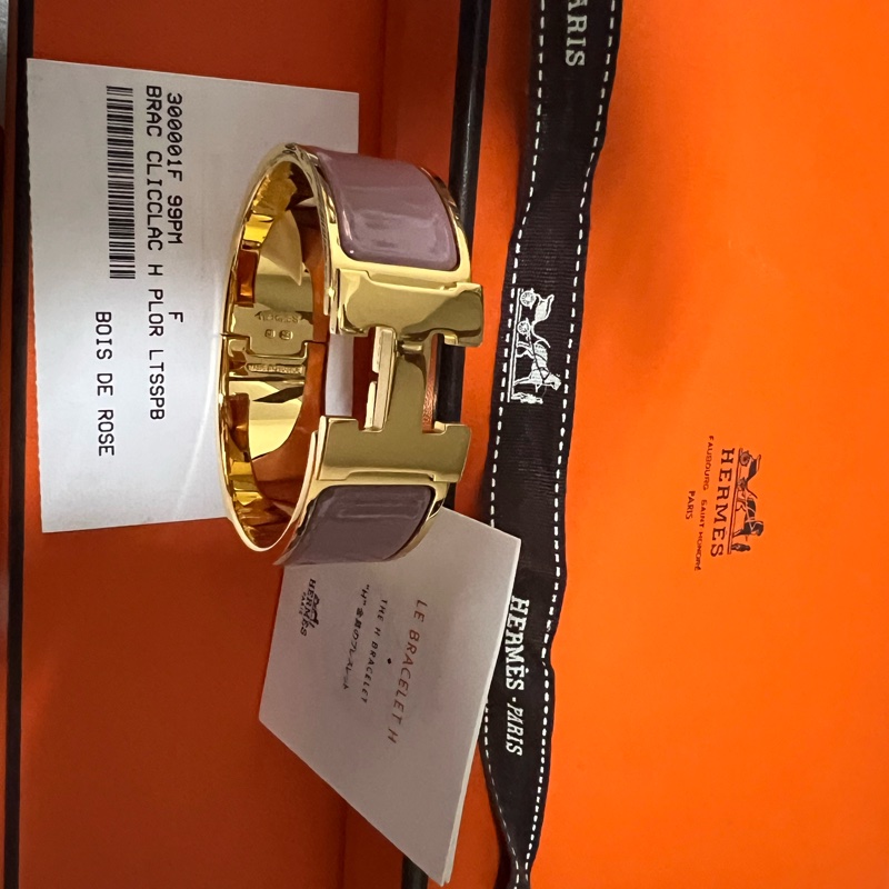 Hermes Clic H Logo 琺瑯寛版手環/PM 玫瑰色-13