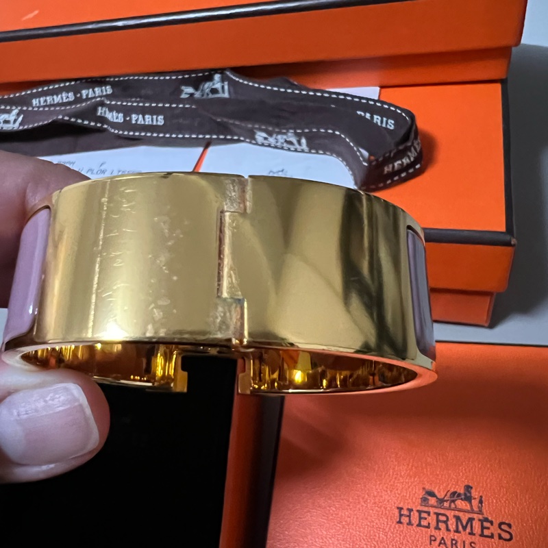 Hermes Clic H Logo 琺瑯寛版手環/PM 玫瑰色-14