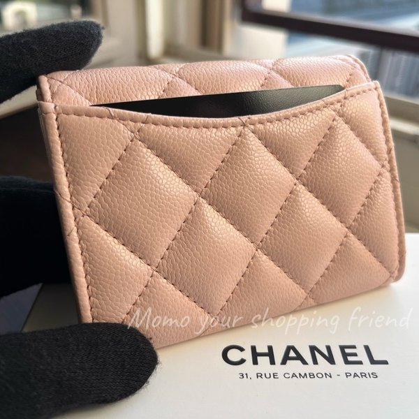 CHANEL 香奈兒 雙層 零錢包卡包|櫻花粉 金釦|康朋白盒-3