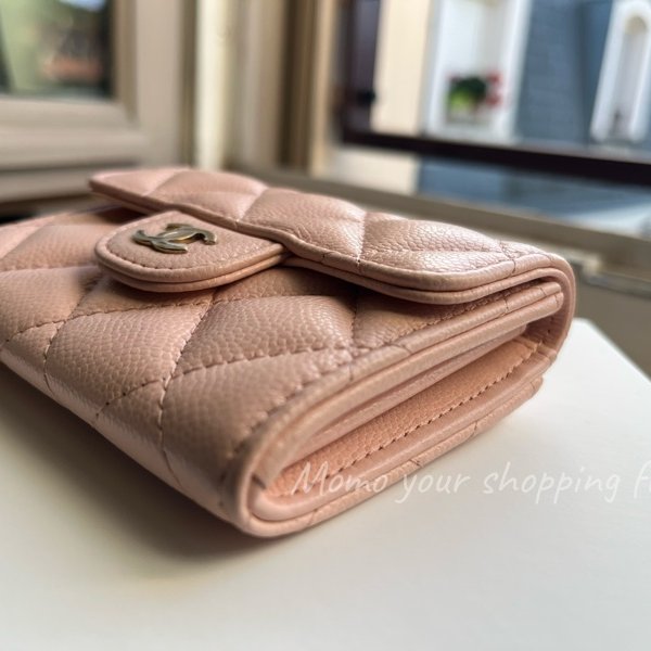 CHANEL 香奈兒 雙層 零錢包卡包|櫻花粉 金釦|康朋白盒-4