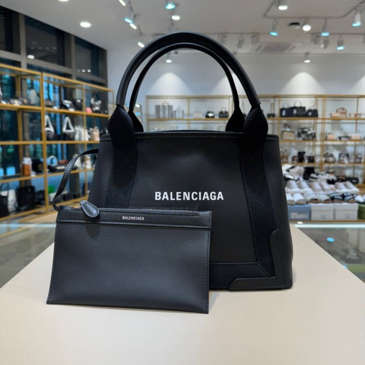 🎉新品好折扣✨Balenciaga 339933 Navy S 小款Cabas 帆布牛皮托特包 黑色-9