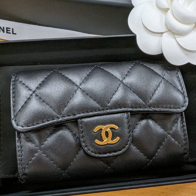 CHANEL 香奈兒 羊皮 零錢包卡包 翻蓋單層 黑金羊-2