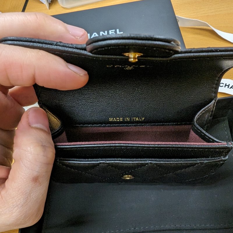 CHANEL 香奈兒 羊皮 零錢包卡包 翻蓋單層 黑金羊-6