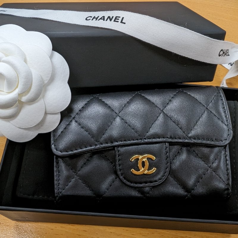 CHANEL 香奈兒 羊皮 零錢包卡包 翻蓋單層 黑金羊-7