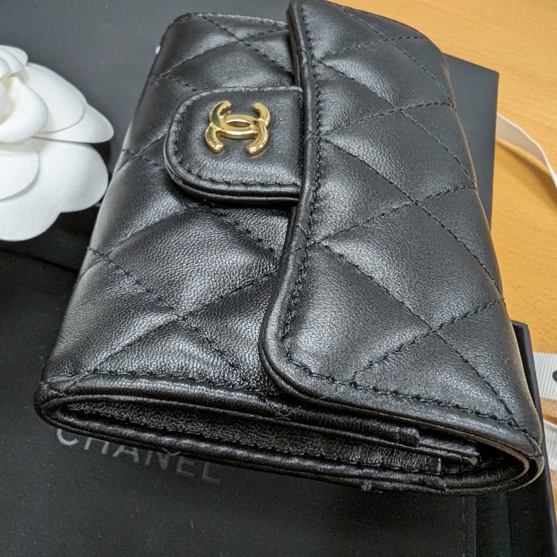 CHANEL 香奈兒 羊皮 零錢包卡包 翻蓋單層 黑金羊-8