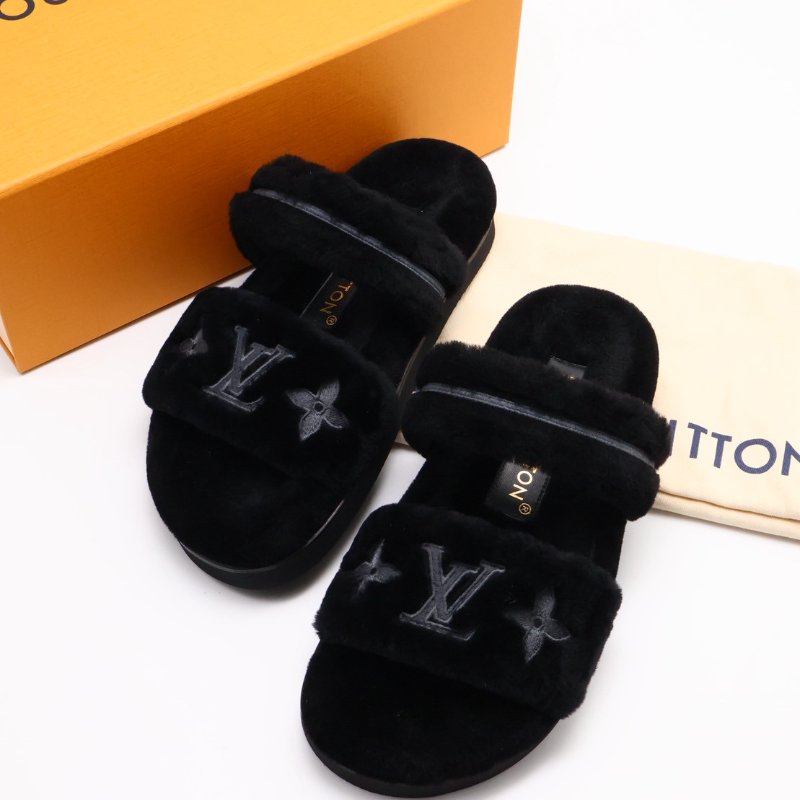 LOUIS VUITTON Sunset 平底毛毛穆勒涼鞋 - 黑 36-0