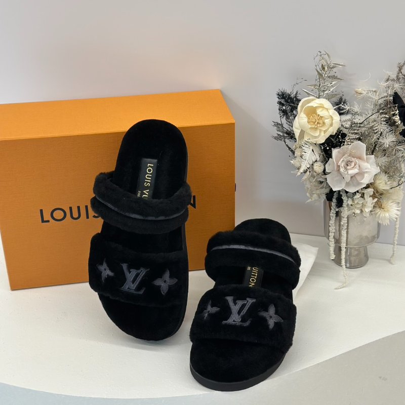 LOUIS VUITTON Sunset 平底毛毛穆勒涼鞋 - 黑 36-0