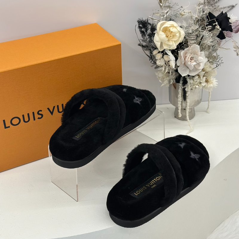 LOUIS VUITTON Sunset 平底毛毛穆勒涼鞋 - 黑 36-2
