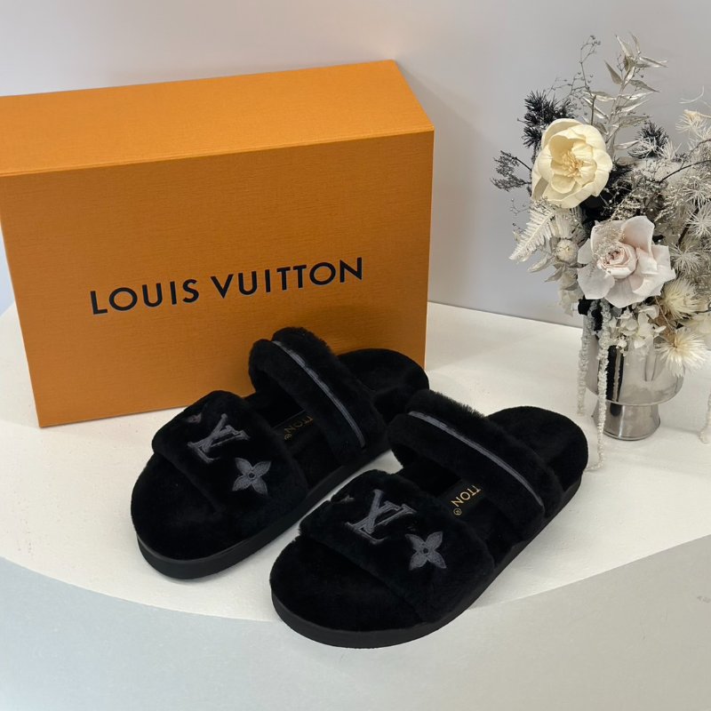 LOUIS VUITTON Sunset 平底毛毛穆勒涼鞋 - 黑 36-4