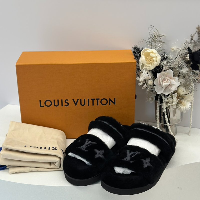 LOUIS VUITTON Sunset 平底毛毛穆勒涼鞋 - 黑 36-6