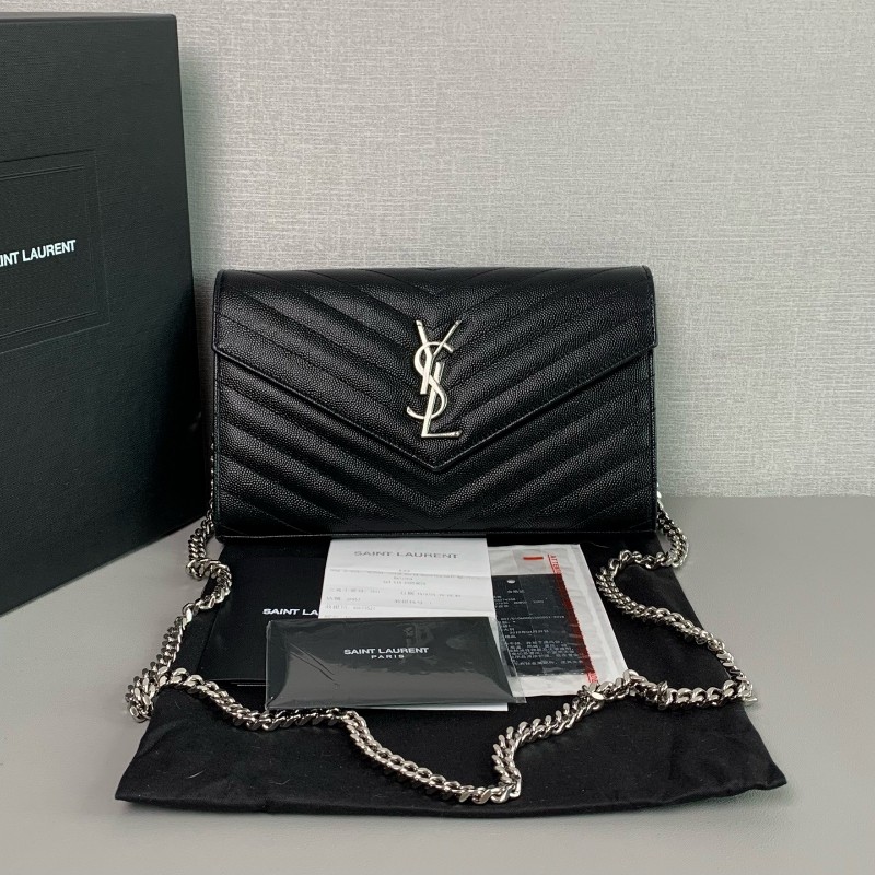 YSL聖羅蘭 黑銀 woc 信封包 肩背包-0