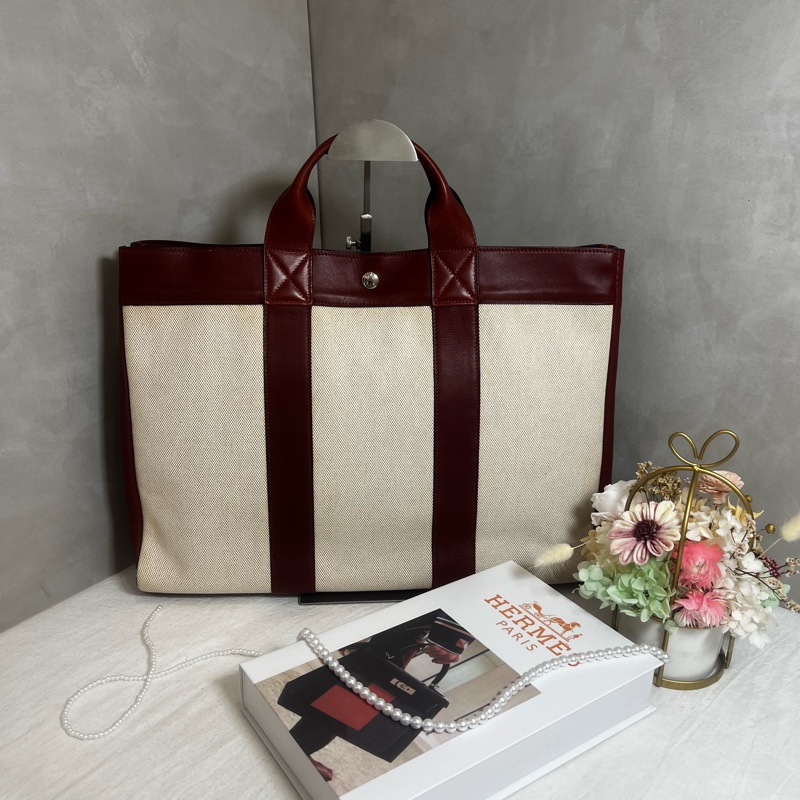 Hermès 皮革帆布手提包-1