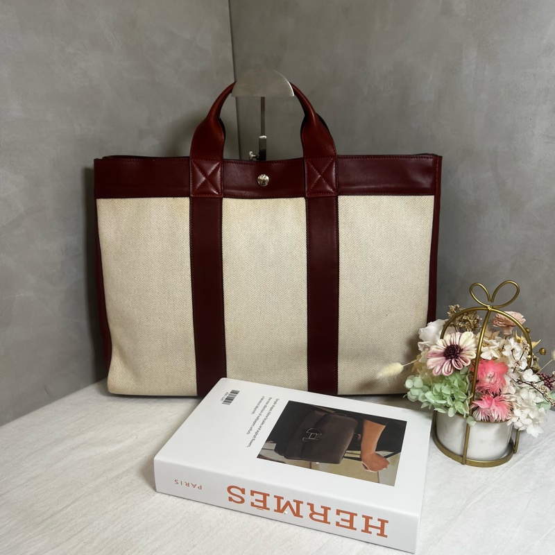Hermès 皮革帆布手提包-2