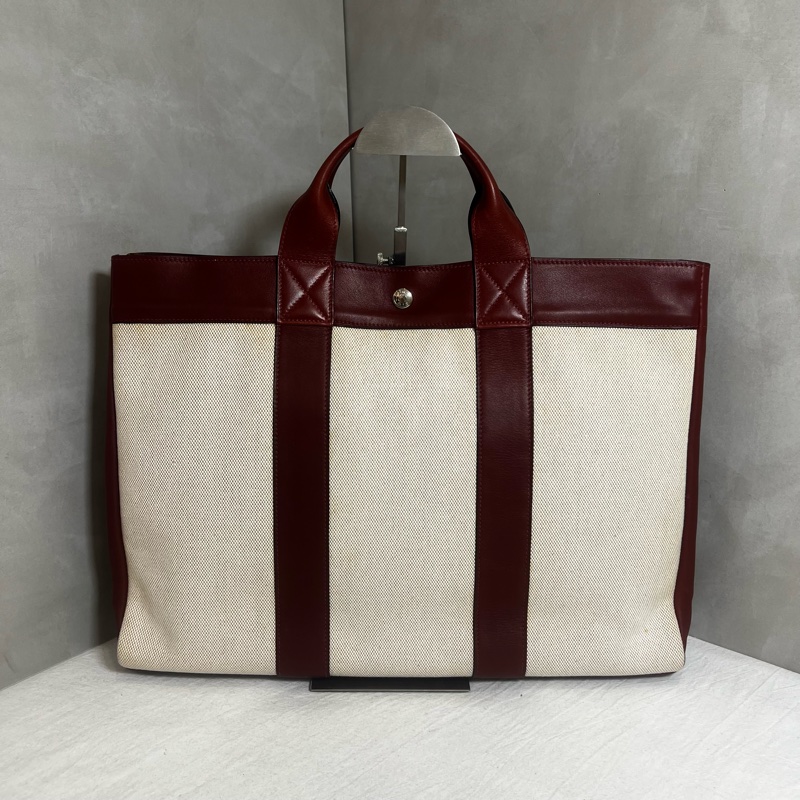 Hermès 皮革帆布手提包-3
