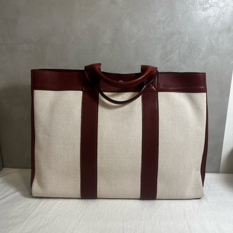 Hermès 皮革帆布手提包-4