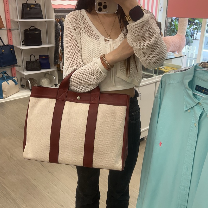 Hermès 皮革帆布手提包-26