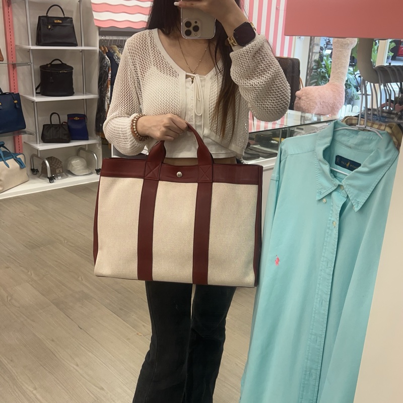 Hermès 皮革帆布手提包-27