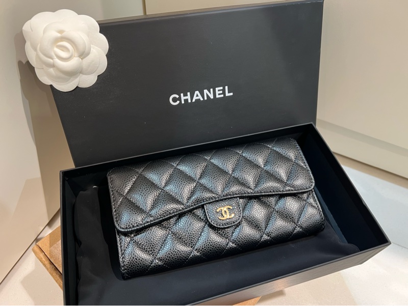 全新✨香奈兒Coco 荔枝牛皮掀蓋長夾（黑色/金釦）-0