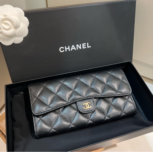 全新✨香奈兒Coco 荔枝牛皮掀蓋長夾（黑色/金釦）-5