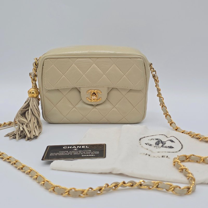【中古美品♥️1992 年】CHANEL 香奈兒 VINTAGE 奶油黃 羊皮 Au750鍍金鏈條 相機包-0