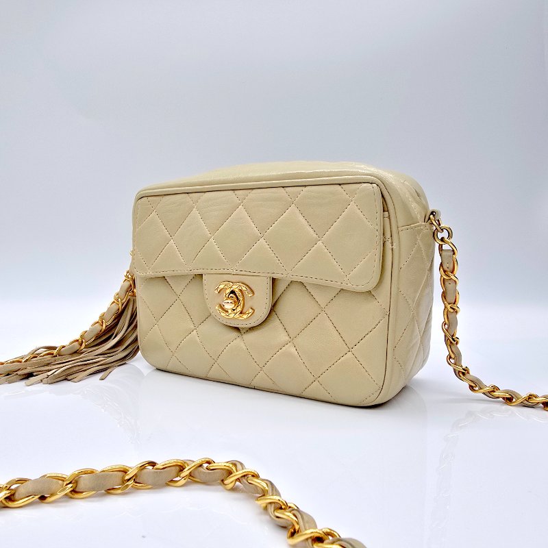 【中古美品♥️1992 年】CHANEL 香奈兒 VINTAGE 奶油黃 羊皮 Au750鍍金鏈條 相機包-4