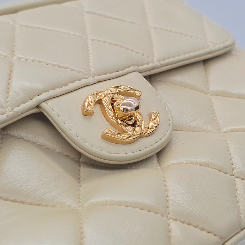 【中古美品♥️1992 年】CHANEL 香奈兒 VINTAGE 奶油黃 羊皮 Au750鍍金鏈條 相機包-8