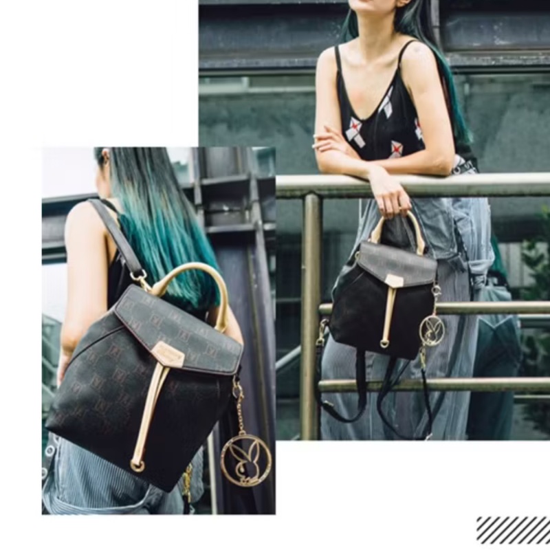 愛買物PLAYBOY青春世代x翻玩老花 N-Natty系列 後背包 女包 手提包 肩背包 多背法 百搭 黑金色 時尚包包-0