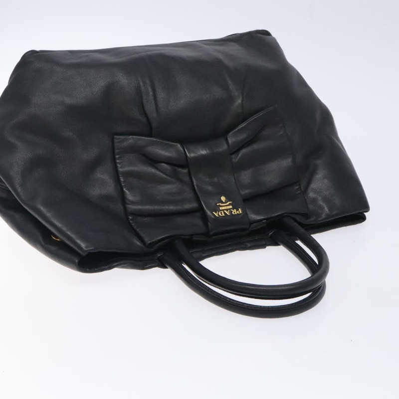 【日本直送】PRADA 緞帶手提包 皮革 黑金色 正品 yk18879-5