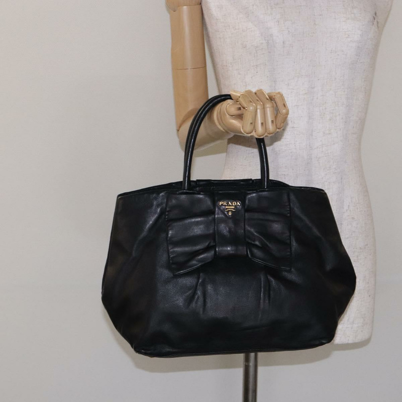 【日本直送】PRADA 緞帶手提包 皮革 黑金色 正品 yk18879-22