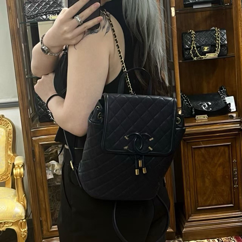 「JL精品代購」9新香奈兒薩爾茲堡深藍金牛皮抽繩雙肩包-1