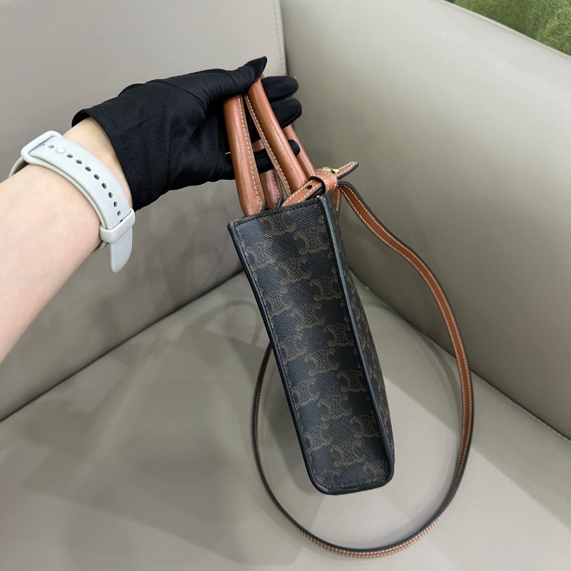 Celine Cabas mini琴譜包 經典凱旋門老花拼焦黃色-4