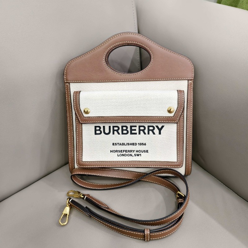 Burberry焦糖色帆布拼接皮革手提肩背包 郵差包-0