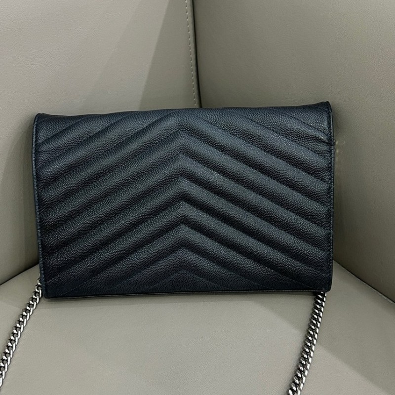 YSL聖羅蘭 ENVELOPE黑銀魚子醬信封鏈條包 斜背肩背包-2