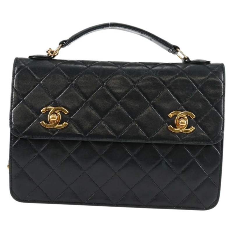 【日本直送】香奈兒 (CHANEL) 絎縫鏈條肩背包,羊皮材質,兩用,黑色,金色雙C標誌,正品編號 129737SV-12