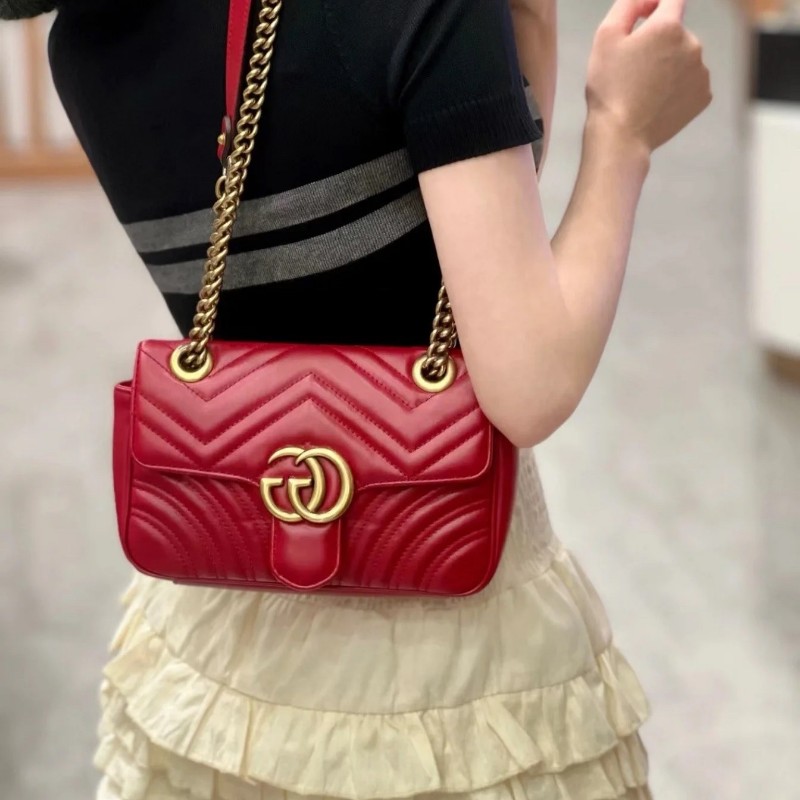 Gucci古馳 Marmont馬蒙22紅色金扣鏈條包 肩背 斜背包-0