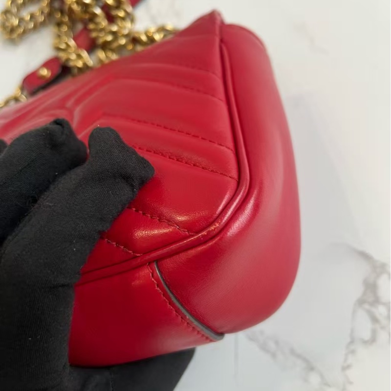 Gucci古馳 Marmont馬蒙22紅色金扣鏈條包 肩背 斜背包-9