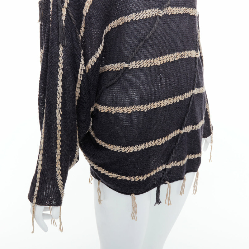 ISSEY MIYAKE Vintage 1980s light grey striped paneled side fringe trim skirt M-1